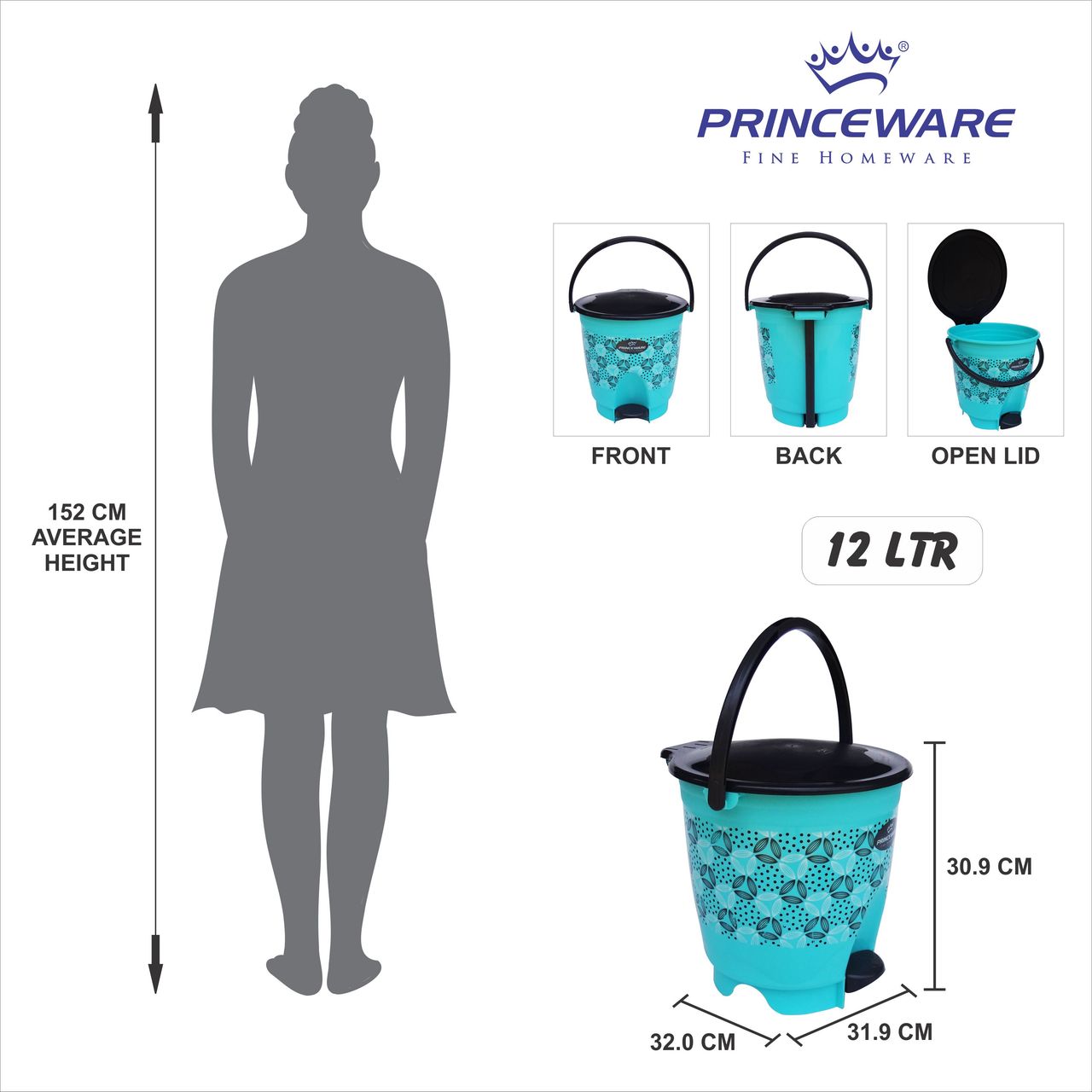 Princeware Wave Garbage Bucket Pedal Bin Round Dustbin 12 Literr | Printed - Green