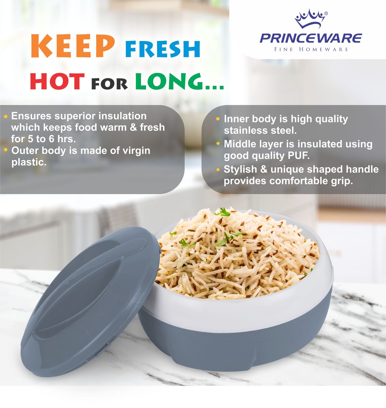 Princeware Solar Theroware Casserole Set of 3 Pcs 530 ml |780 ml |1290 ml | Grey