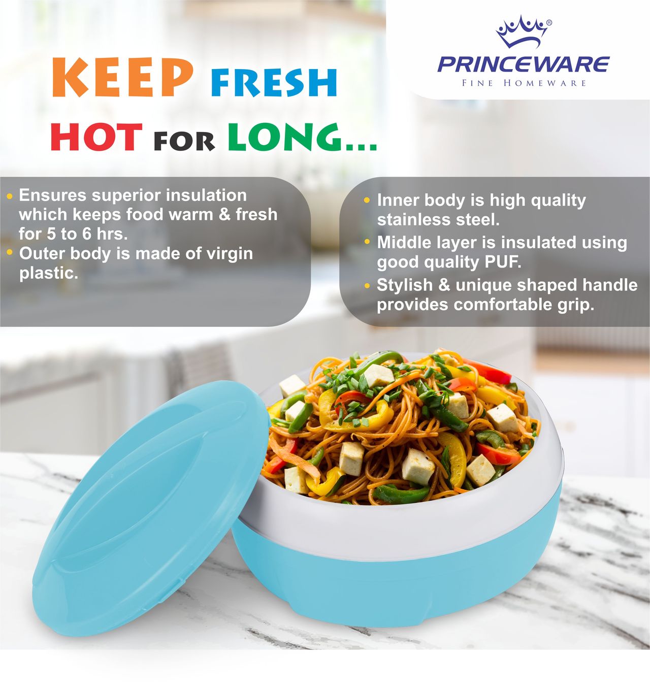 Princeware Solar Theroware Casserole With Plastic Lid 530 ml | Blue
