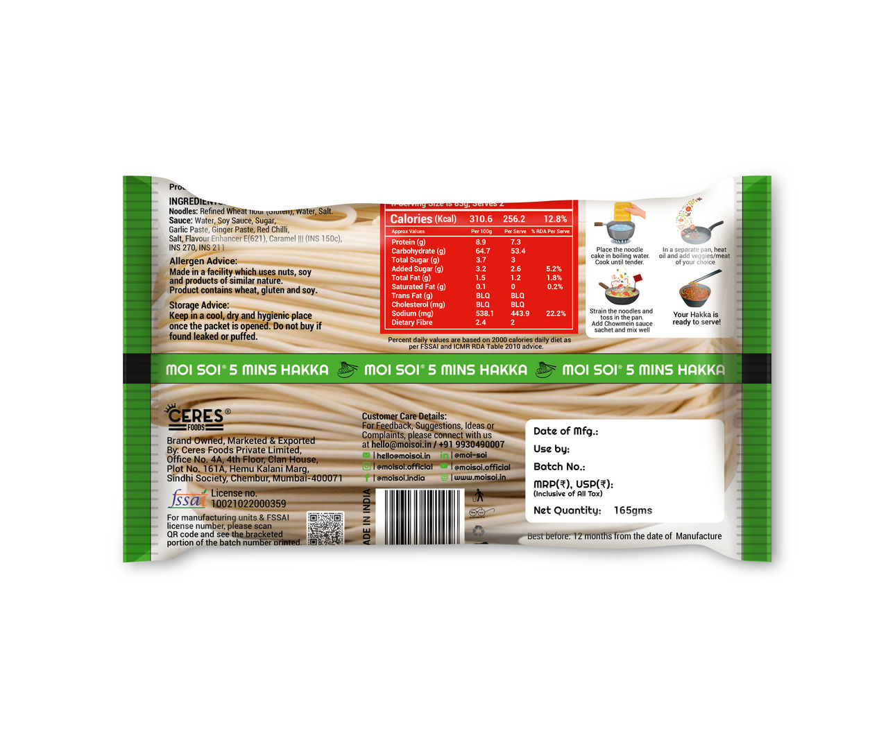 Moi Soi Instant Hakka Noodles | Tastemaker Inside | Chowmein| 165G | Street Style Hakka Noodles