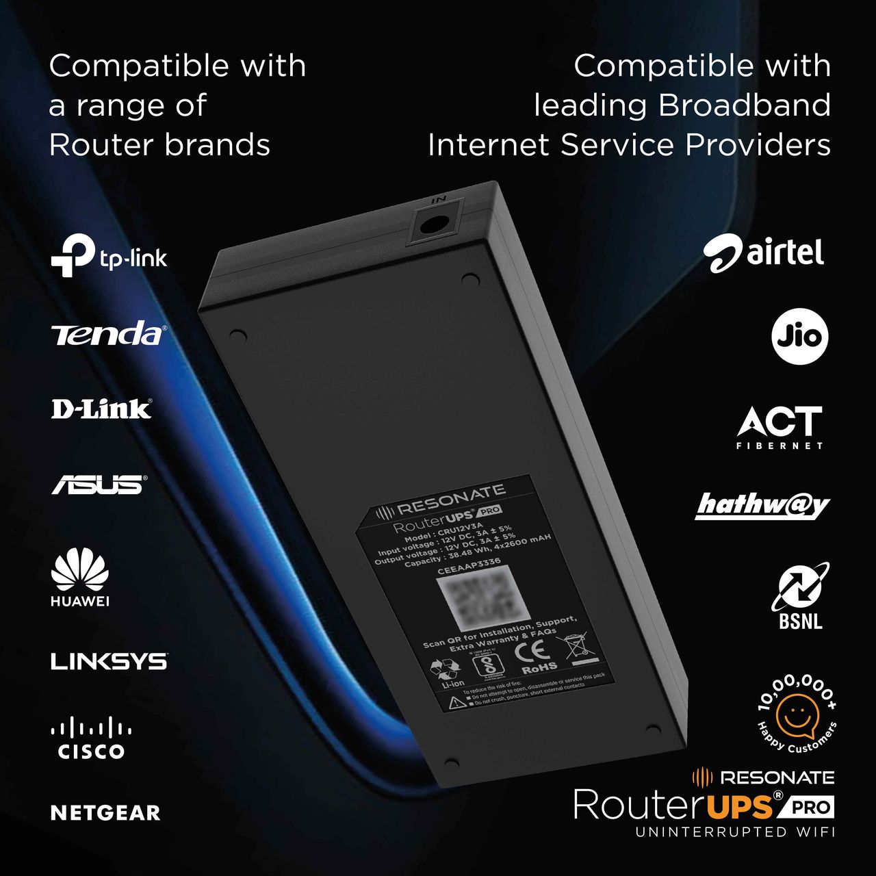RESONATE RouterUPS Pro 10400mAh PowerBank for JioFiber, Airtel Xstream & 12V - 3A WiFi Routers