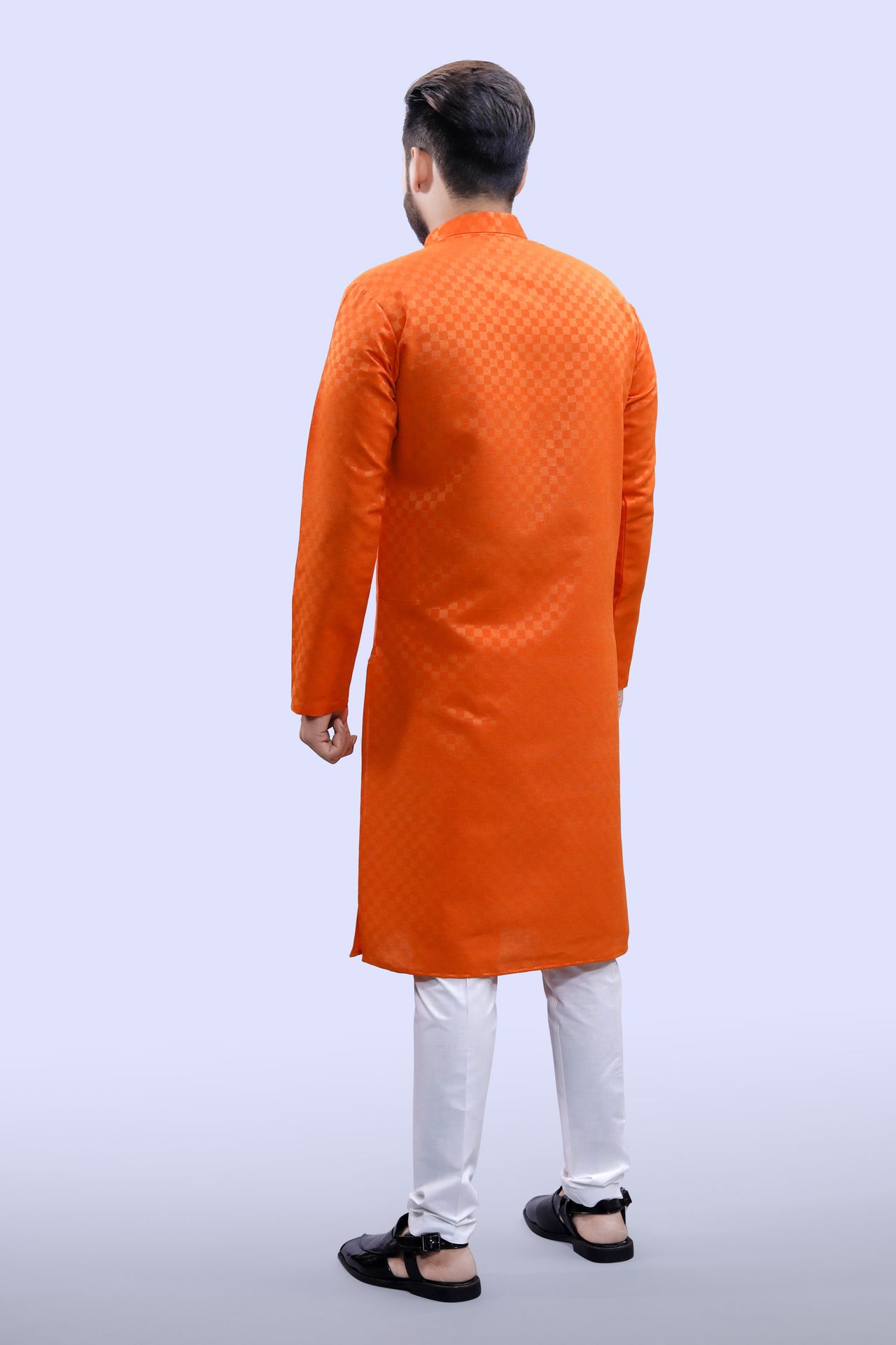 Tibra Collection Men Kurta - Orange | Block Pattern | Cotton Blend | S