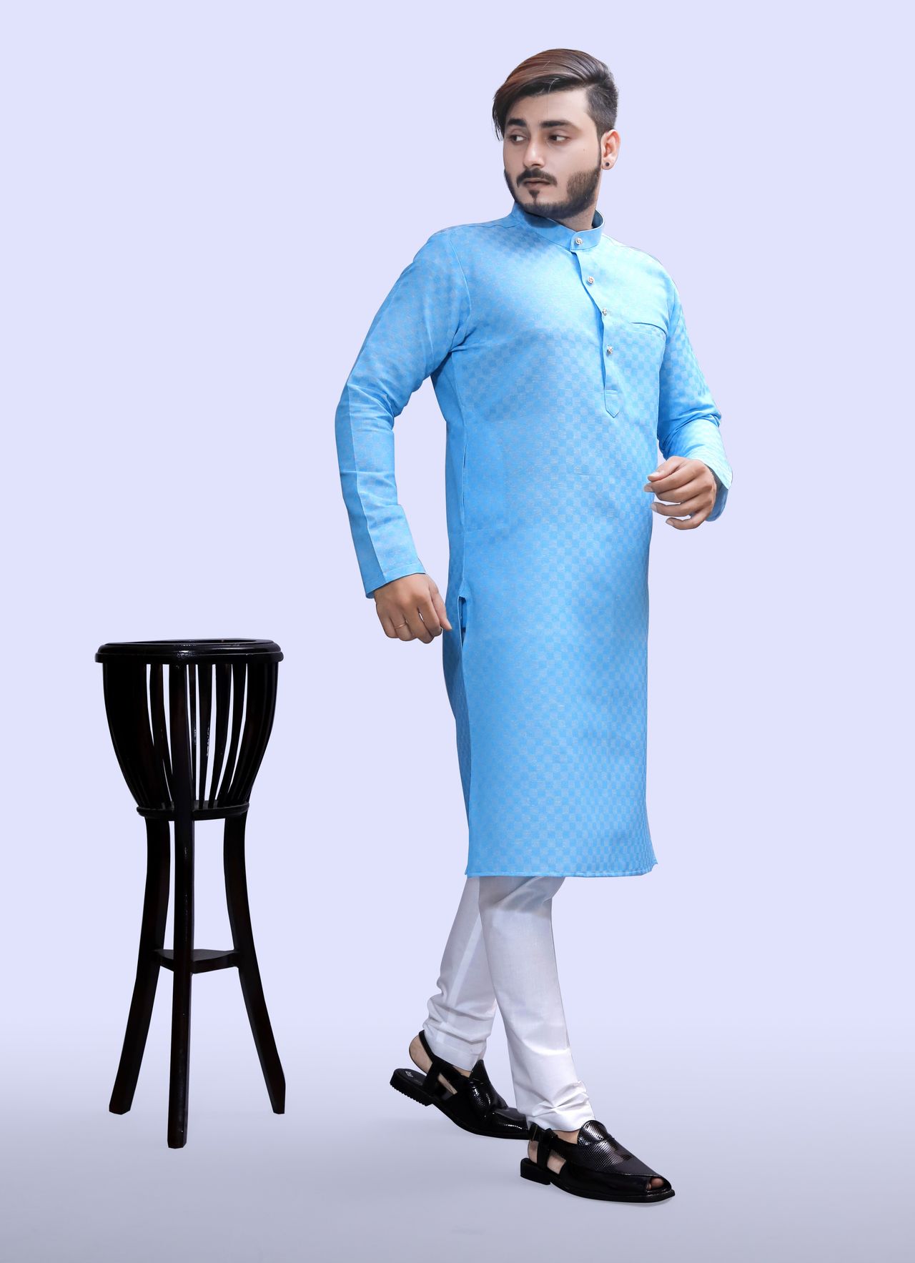 Tibra Collection Men Kurta - Sky | Block Pattern | Cotton Blend | M