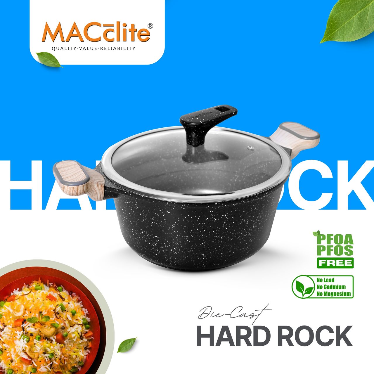 Macclite Non-Stick PDC Granite+ Induction Base Hard Rock Triumph Casserole 20 cm with Glass Lid