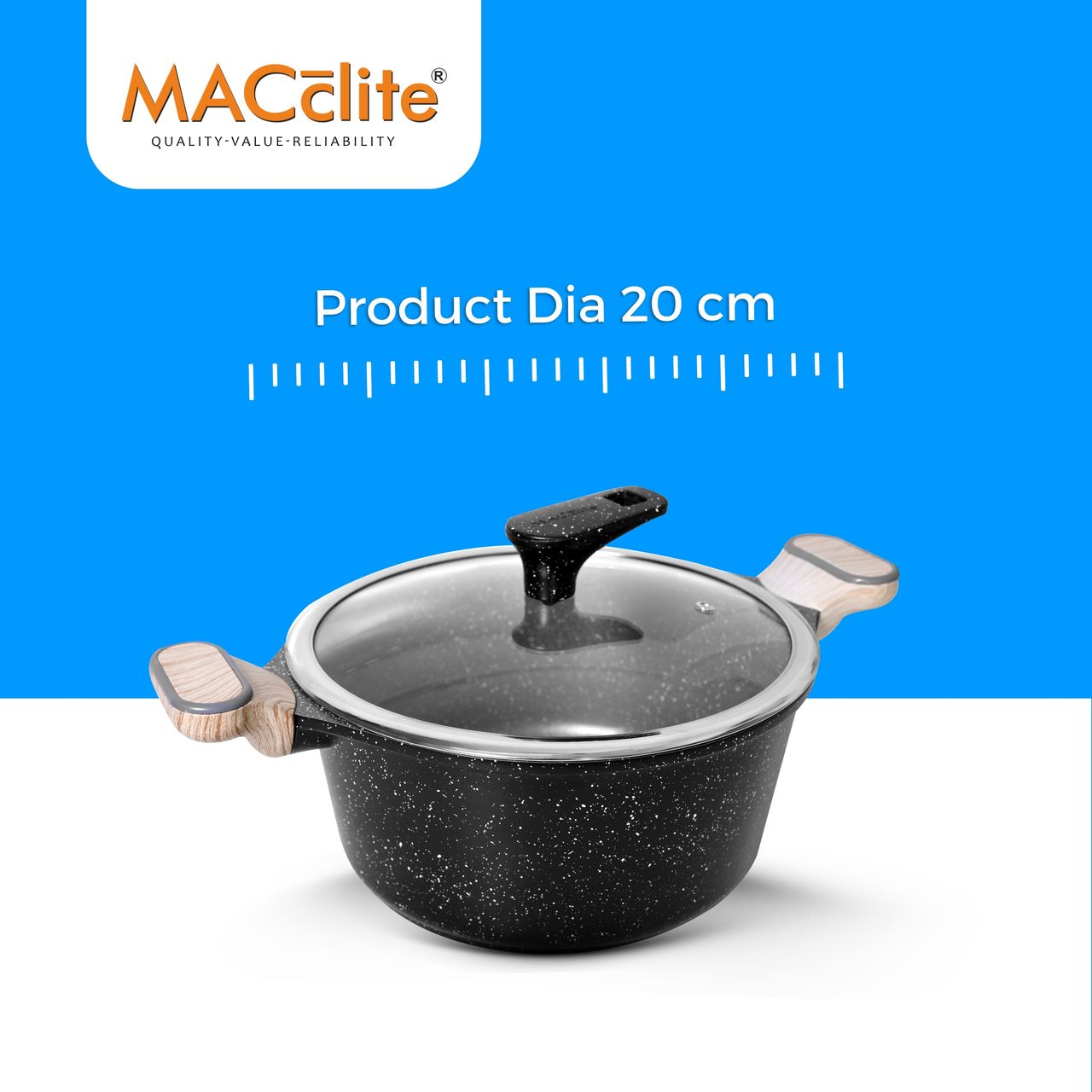 Macclite Non-Stick PDC Granite+ Induction Base Hard Rock Triumph Casserole 20 cm with Glass Lid