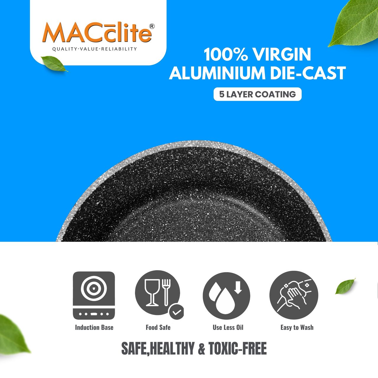 Macclite Non-Stick PDC Granite+ Induction Base Hard Rock Triumph Casserole 20 cm with Glass Lid