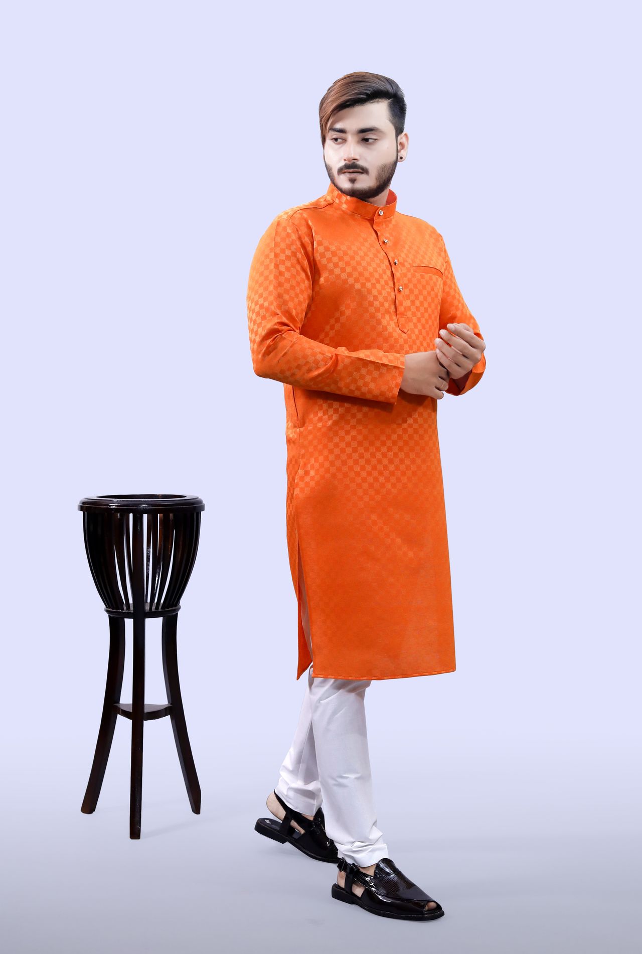 Tibra Collection Men Kurta - Orange | Block Pattern | Cotton Blend | S