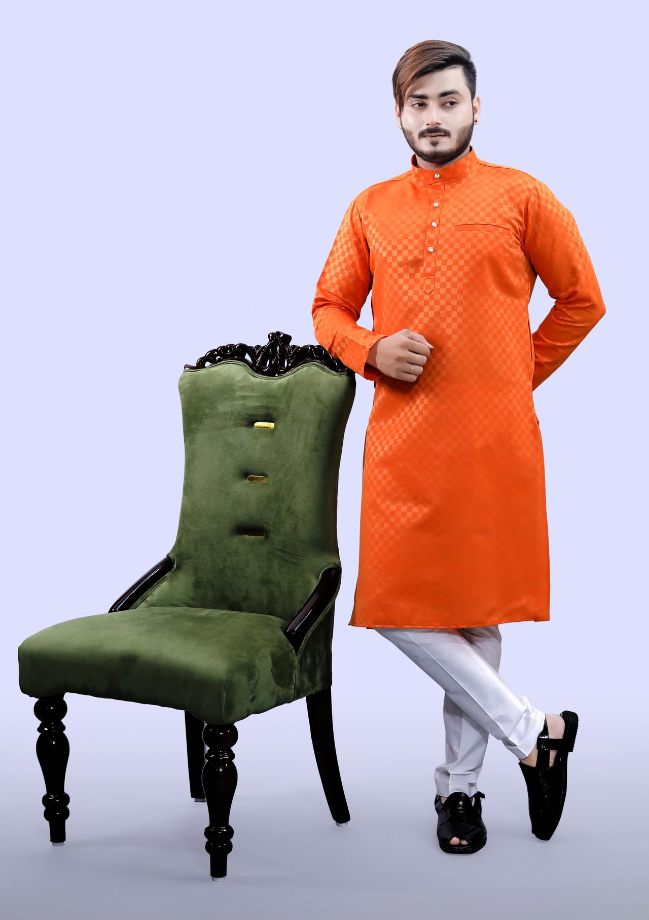 Tibra Collection Men Kurta - Orange | Block Pattern | Cotton Blend | S