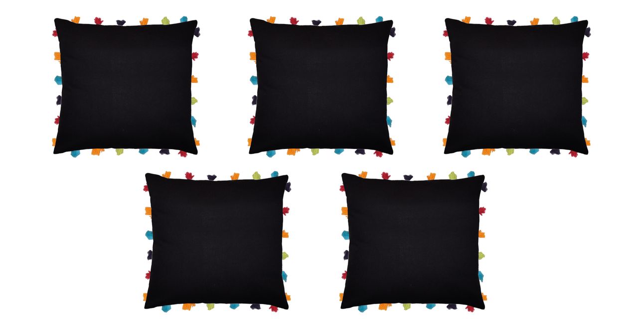Lushomes Boho Cushion Cover - Black | Tassels & Pom Pom | 18 x 18 inch