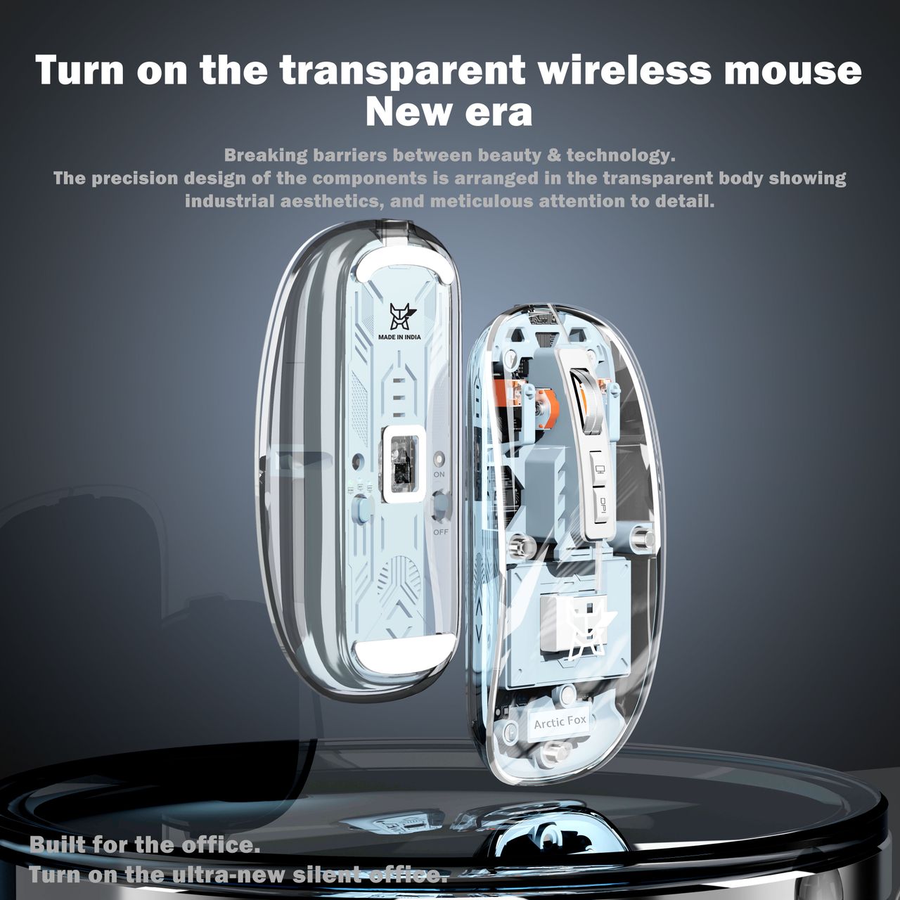 Arctic Fox Pureview Transparent Wireless And Bluetooth Rechargeable Mouse, Usb Receiver Frost White