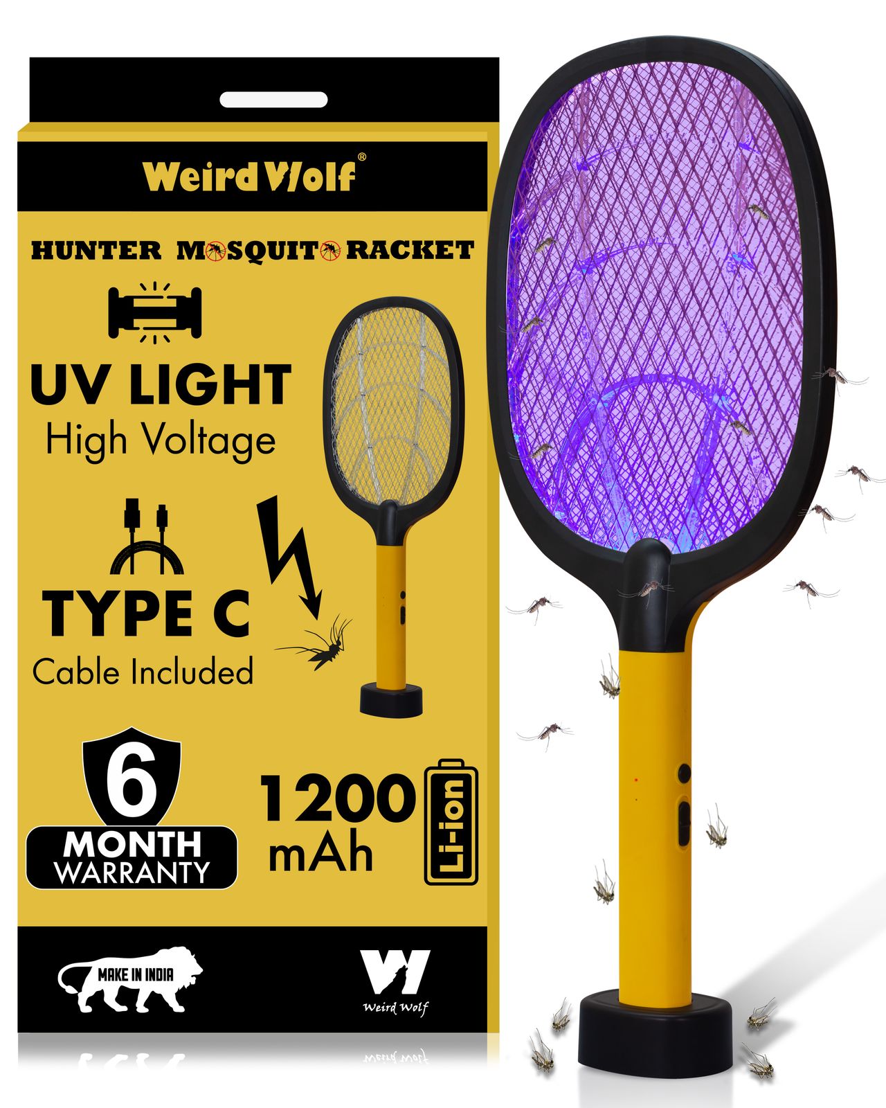 Killato Weird Wolf 2 In 1 Uv Light Mosquito Bat Racket Usb Type-C Charging, (Yellow-Black)