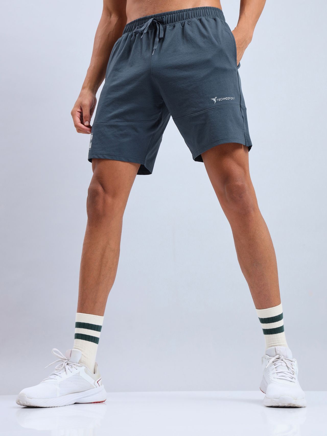 Technosport Men Poly Solid Relax Fit Sports Shorts with ELASTO LITE | Dark Carbon | XXL