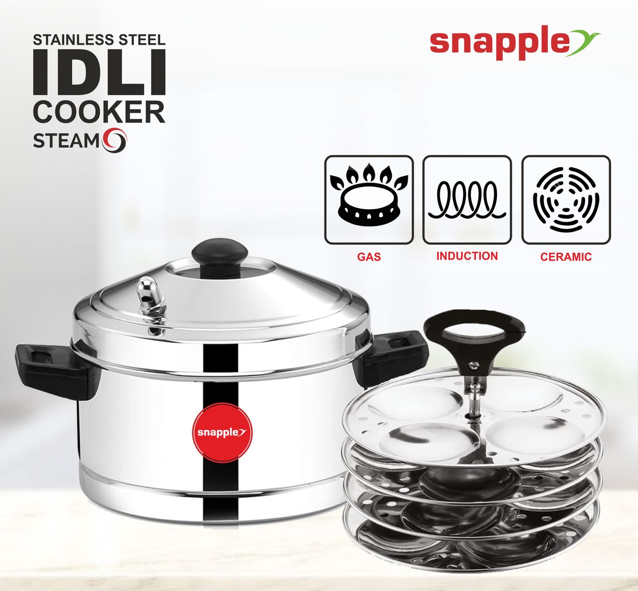 Snapple SteamO 4 Plate Idly Maker Induction and Gas Stove Friendly