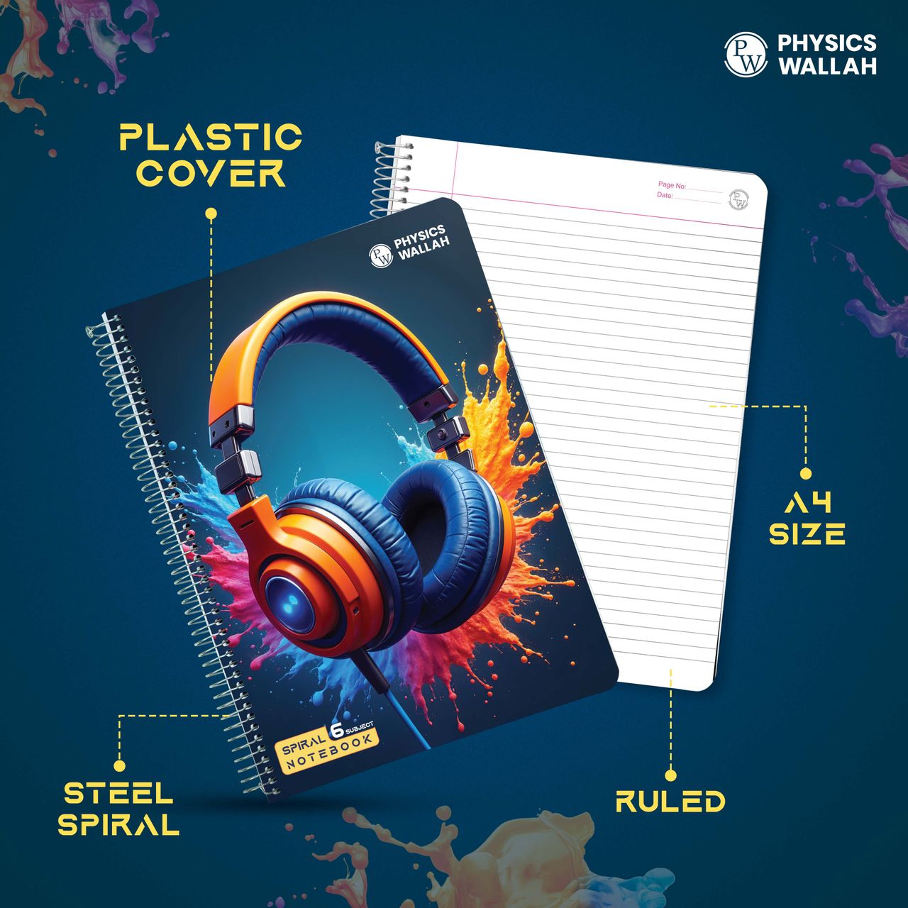 Physics Wallah 400 Pages Notebook | 6 Subject | A4 Ruled Spiral Binding with Plastic Cover