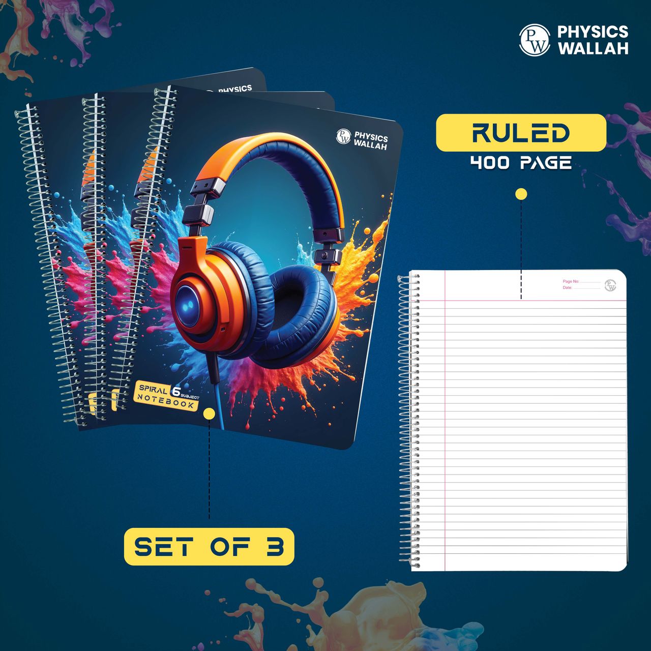 Physics Wallah 400 Pages Notebook | 6 Subject | A4 Ruled Spiral Binding with Plastic Cover