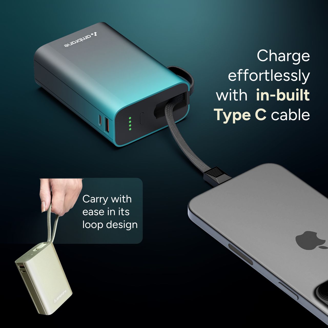 Ambrane 20000 mAh 22.5W Mini Pocket Fast Charging Power Bank | 1 USB & 1 Type C | Blue