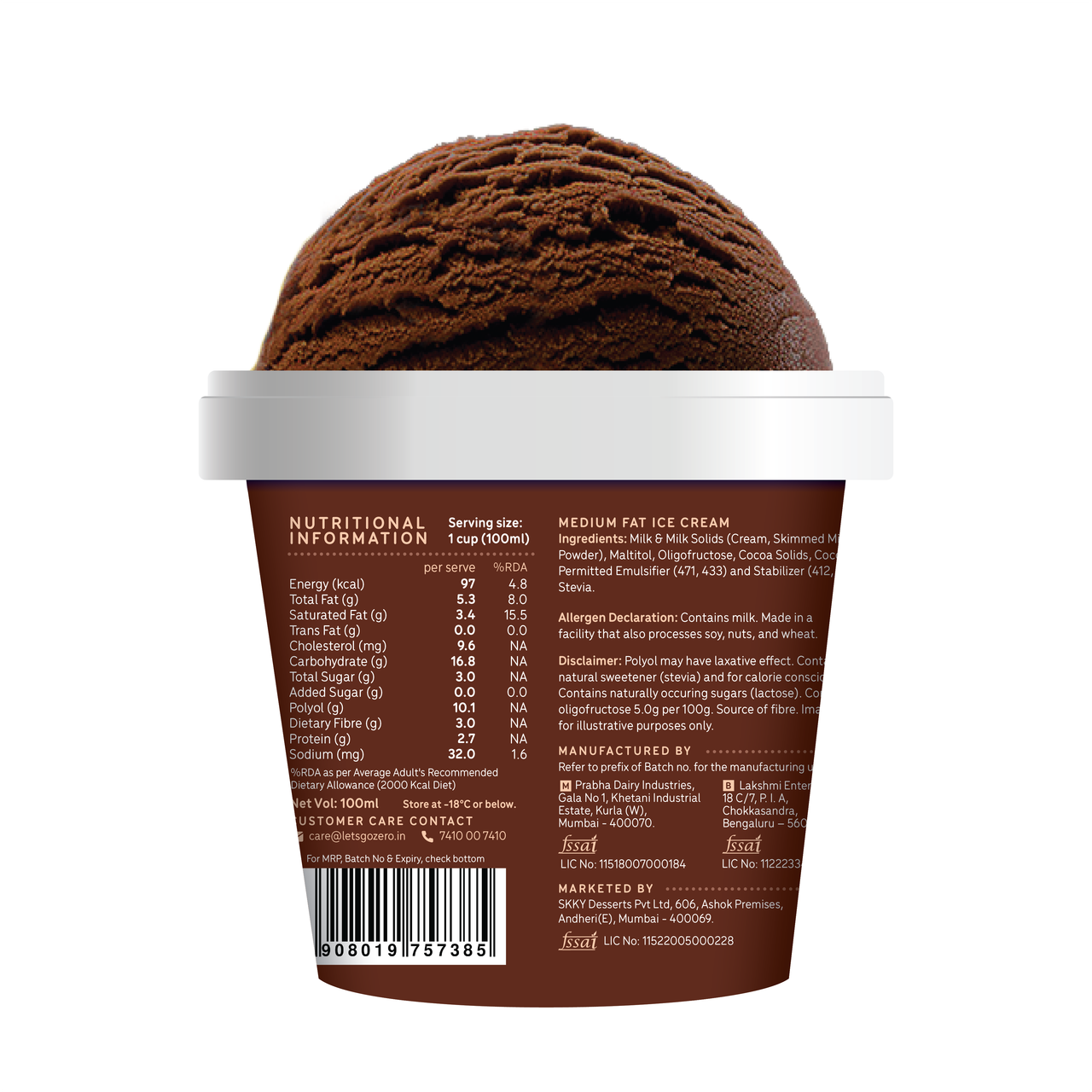Go Zero Belgian Dark Chocolate Low Calorie Guilt Free Ice Cream Cup 100 ml Combo