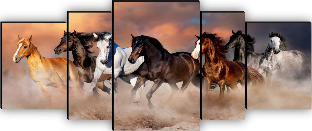 Saf 7 Horses Large Digital Reprint 18 Inch X 42 Inch Painting (Without Frame, Pack Of 5)
