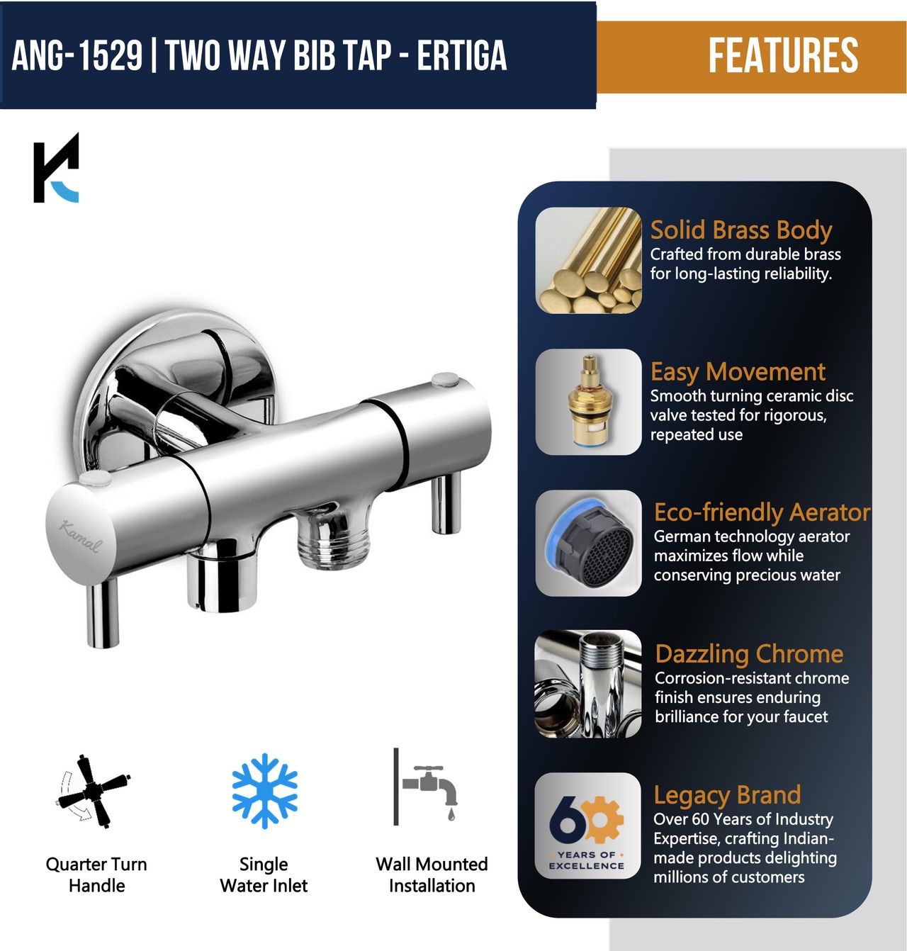 Kamal Two Way Bib Tap - Ertiga Twin Elbow Valve Faucet