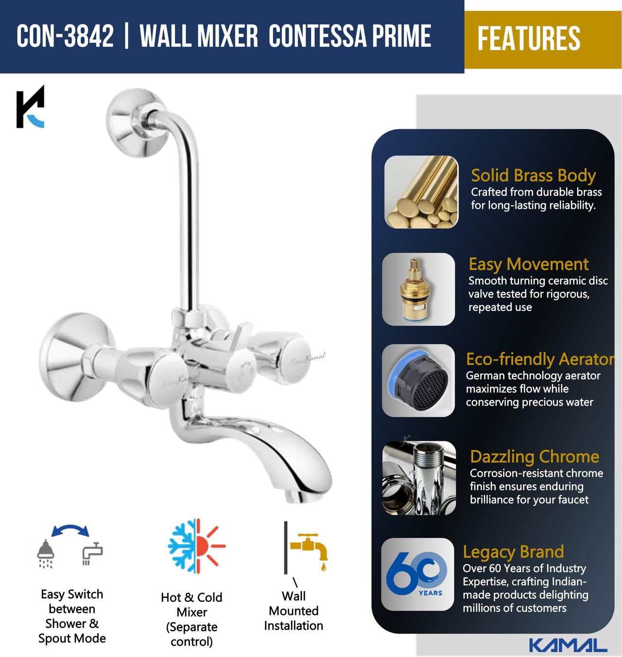 Kamal Wall Mixer Contessa Prime Hi Flow 31 mm Cartridge | With Provision For Overhead Connection