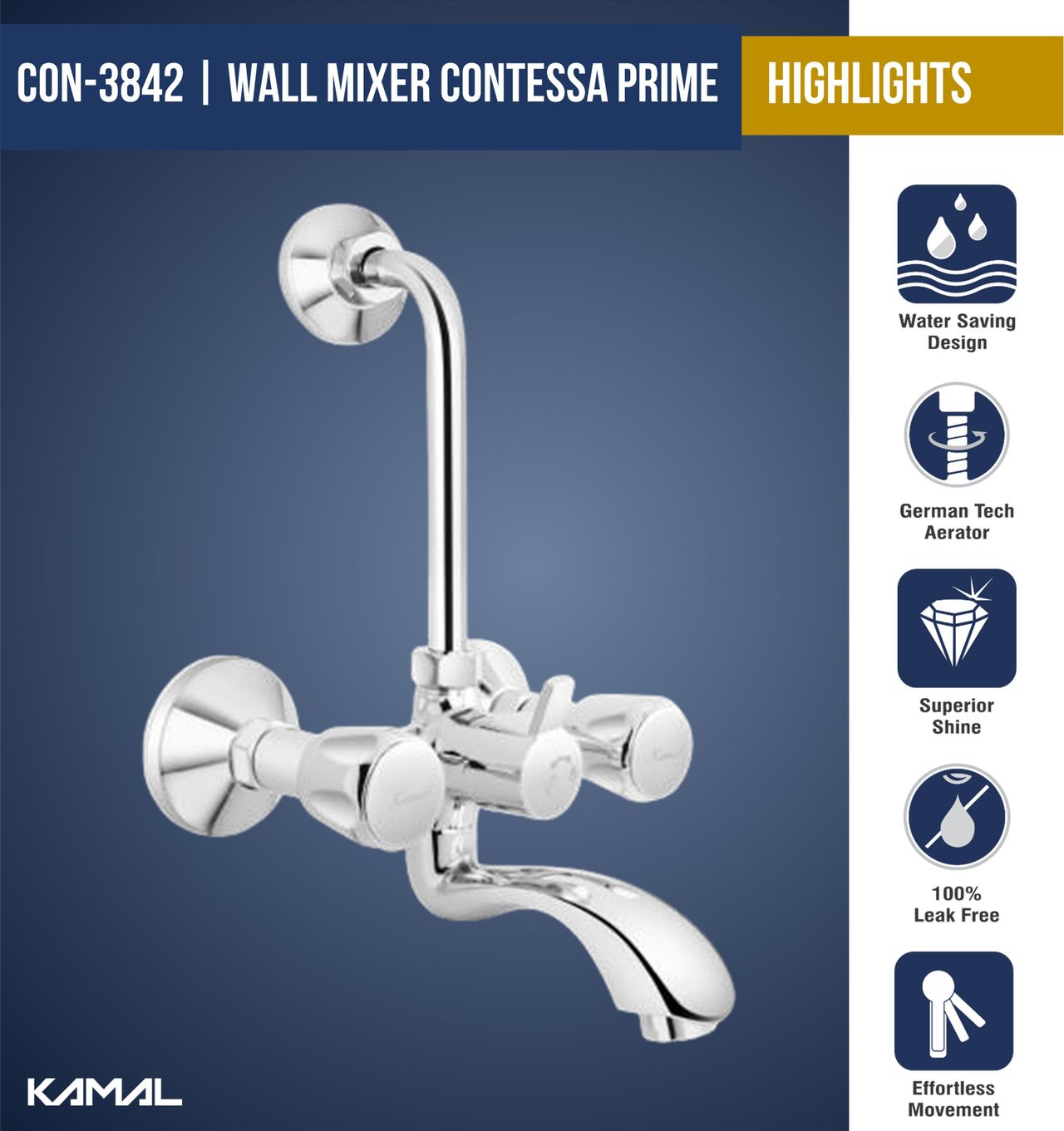 Kamal Wall Mixer Contessa Prime Hi Flow 31 mm Cartridge | With Provision For Overhead Connection