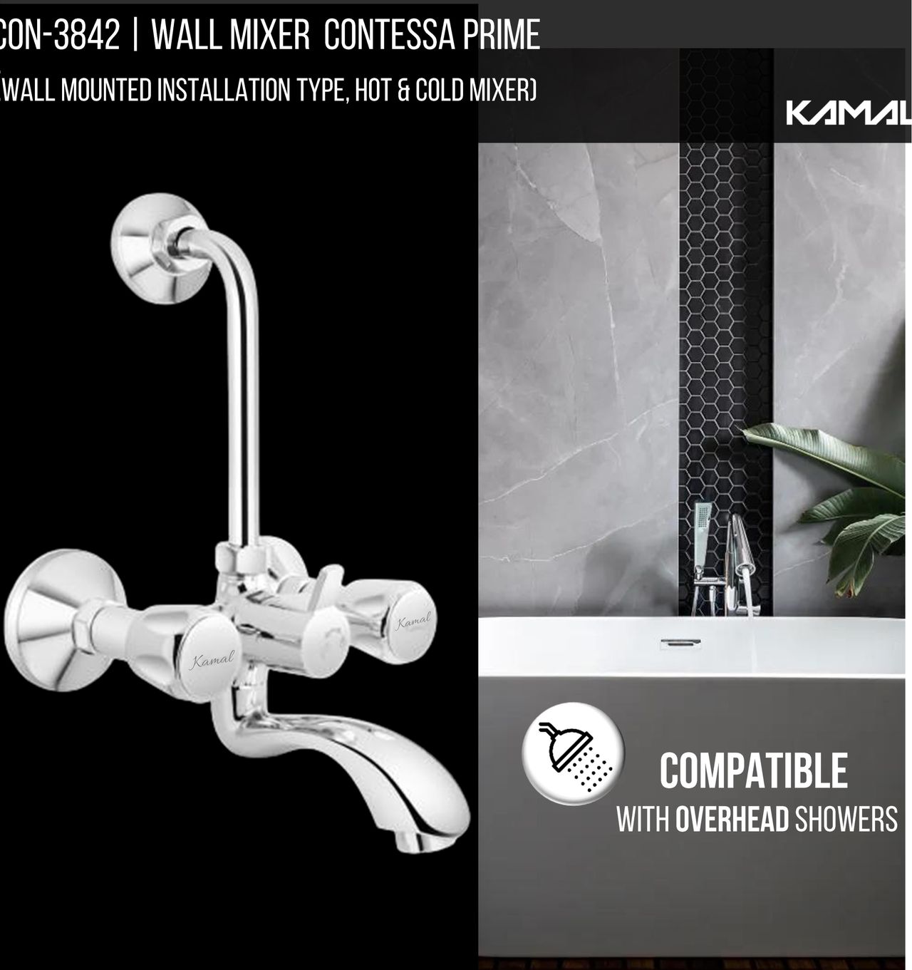 Kamal Wall Mixer Contessa Prime Hi Flow 31 mm Cartridge | With Provision For Overhead Connection