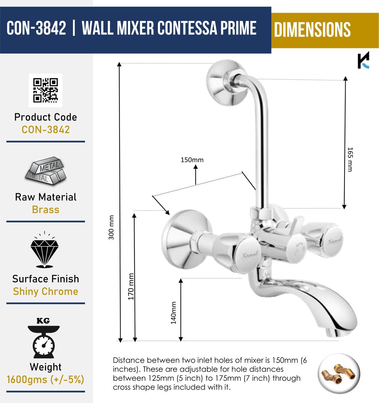Kamal Wall Mixer Contessa Prime Hi Flow 31 mm Cartridge | With Provision For Overhead Connection