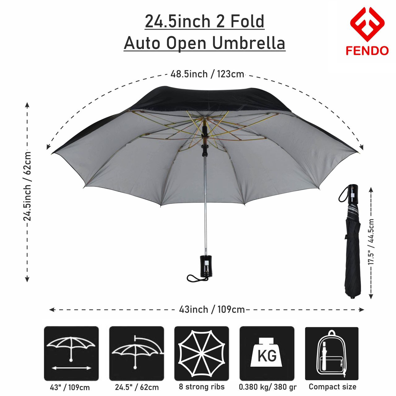 Fendo Race 2-Fold Auto Open 24.5-Inch Sun & Rainproof Regular Umbrella - Black
