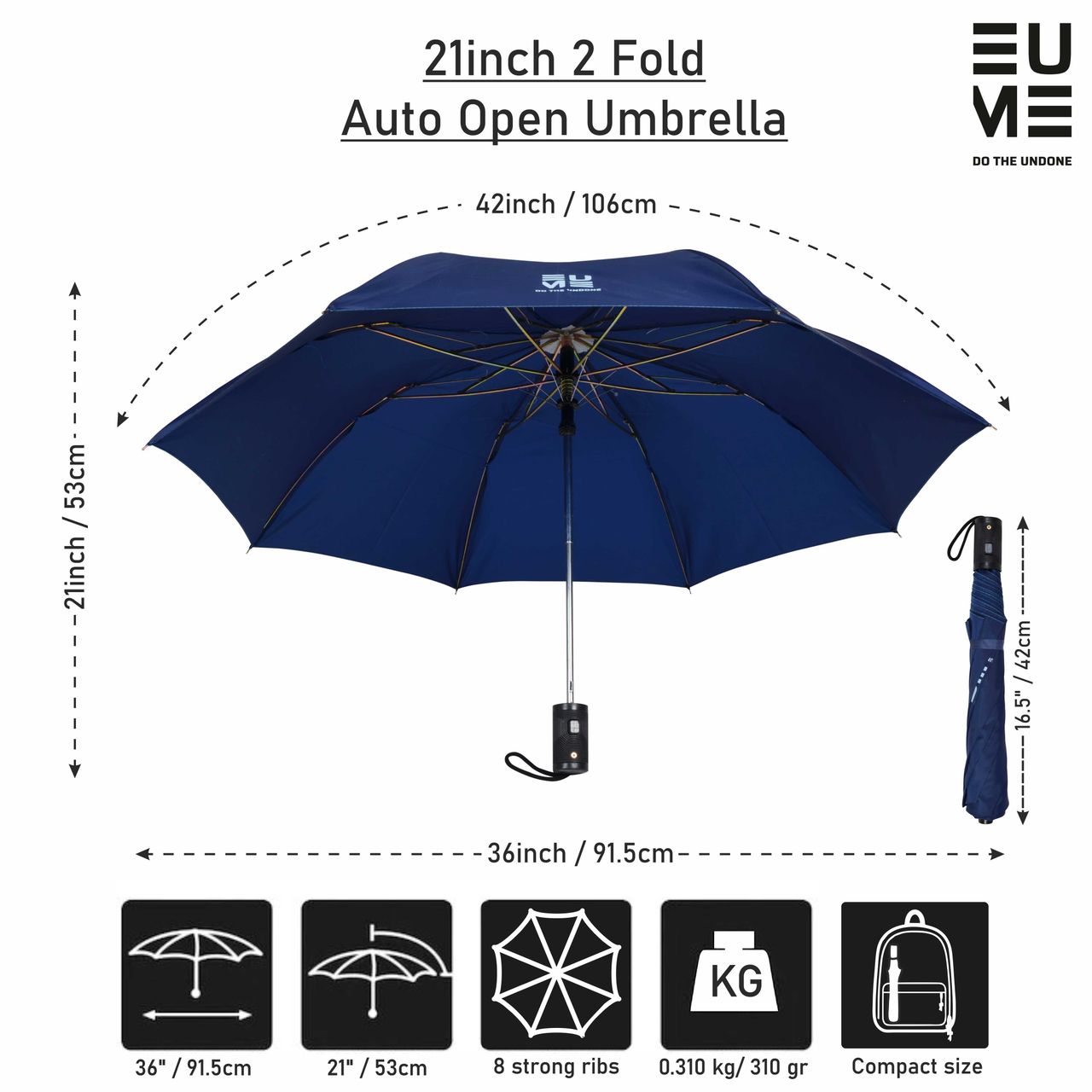 EUME Leatrix 21 Inch 2 Fold Auto-Open Lemon Umbrella | Navy Blue