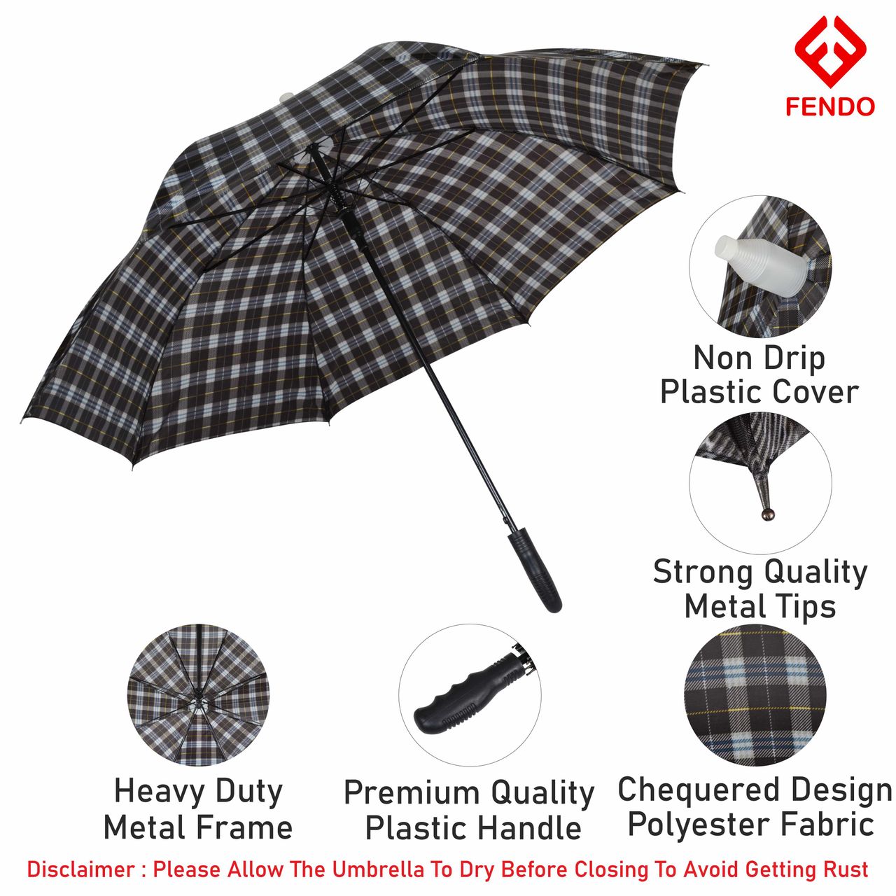 Fendo 23 inch Checks Straight Auto Open Umbrella Assoreted