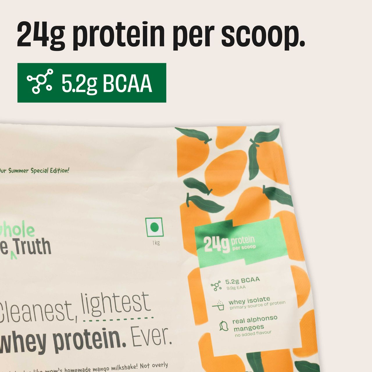 The Whole Truth Whey Protein Isolate+Concentrate Mango Milkshake I 24g Protein