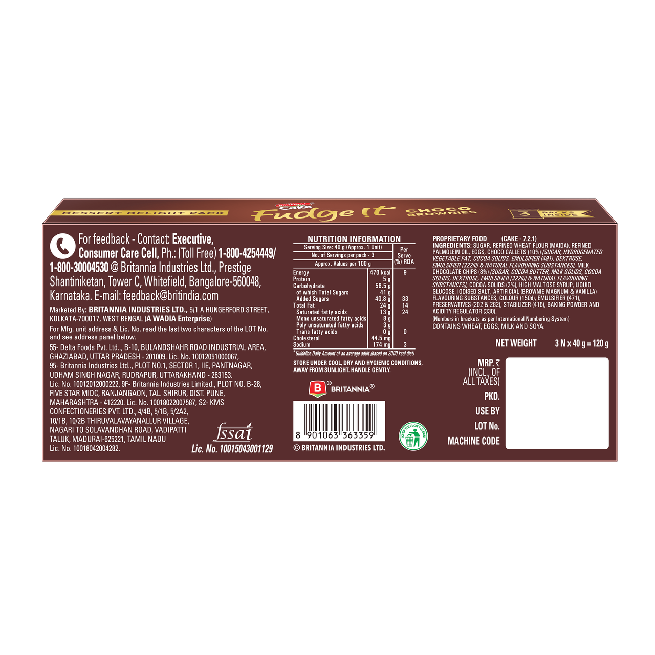 Britannia Fudge It Chocolate Brownie (With Egg) 120 g Combo