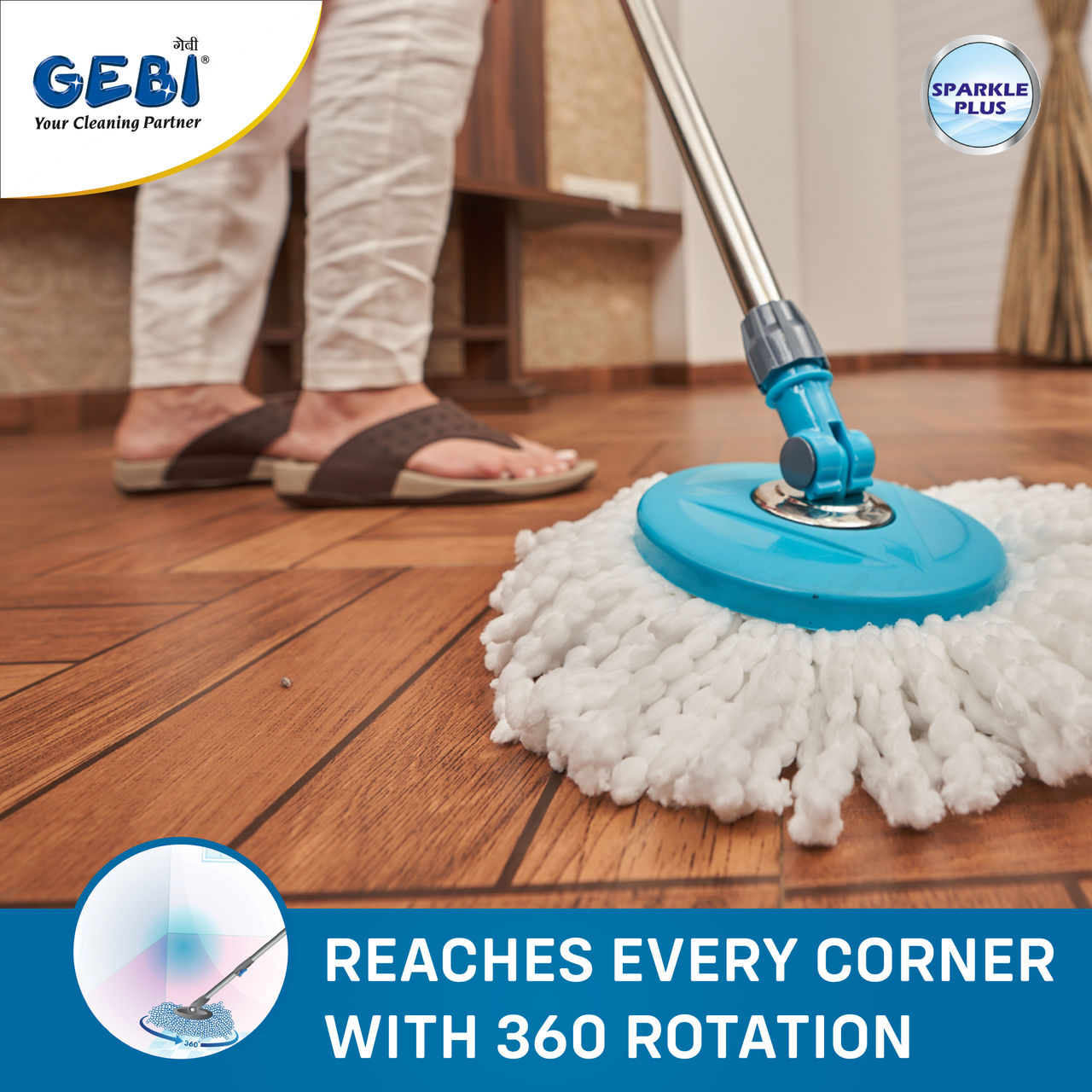 Gebi Sparkle Plus Extendable Handle/ Stick Rod with Microfiber Refill for Spin Mop