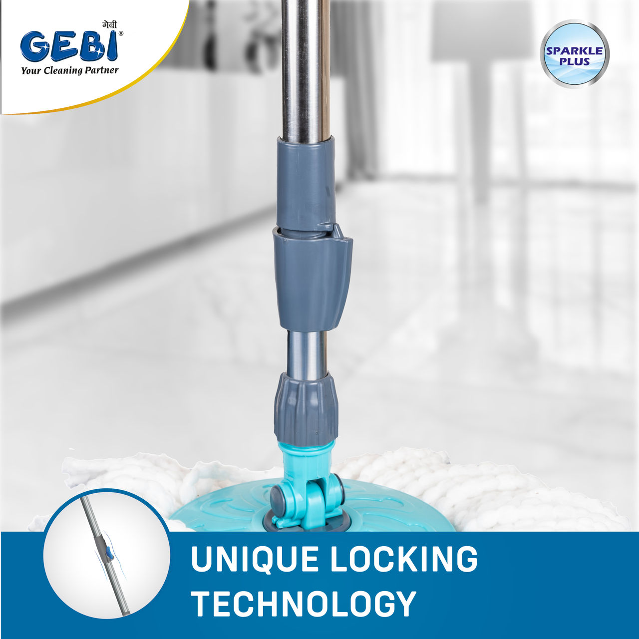 Gebi Sparkle Plus Extendable Handle/ Stick Rod with Microfiber Refill for Spin Mop