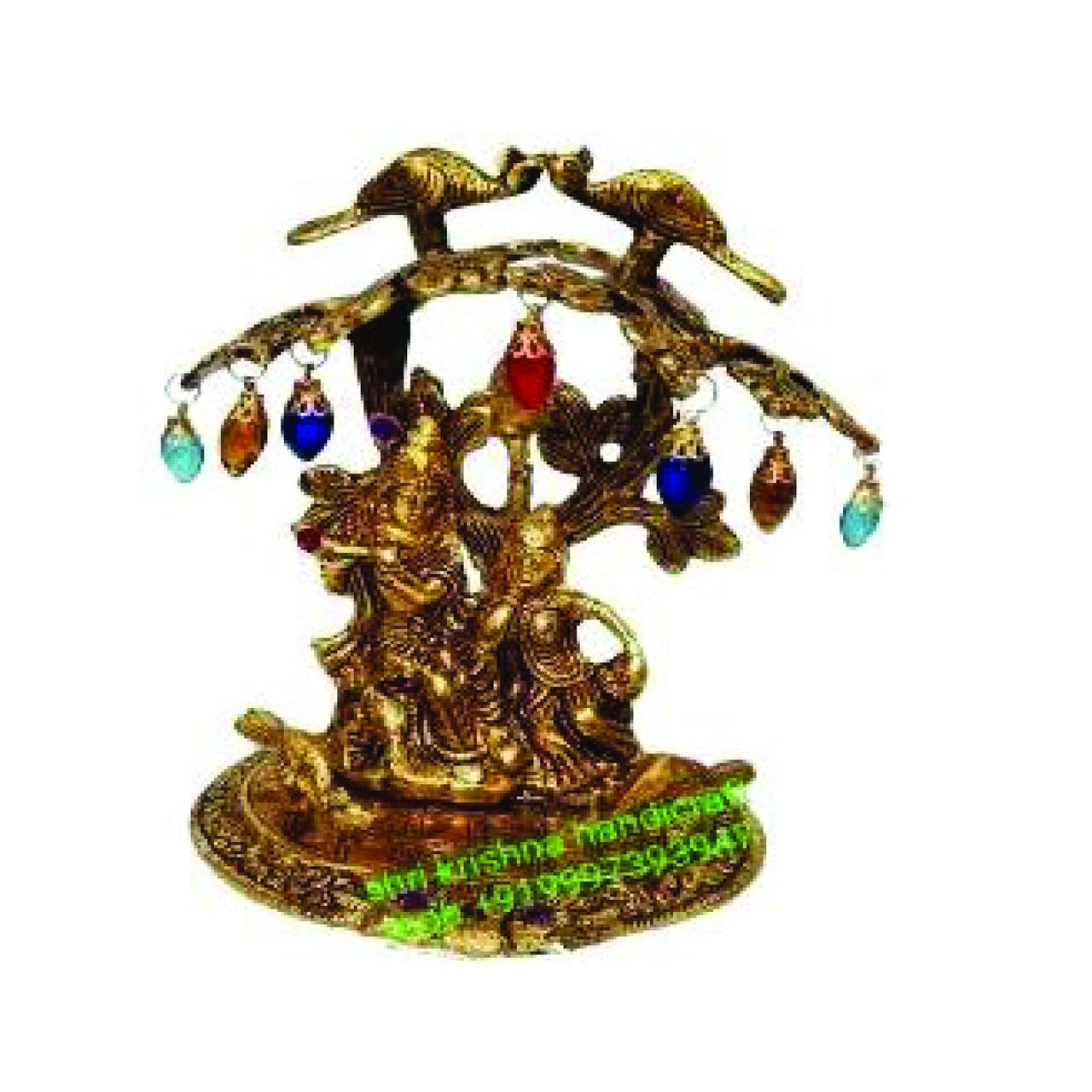 Devnidhii Radha Krishna Idol Under Emerald Stone Tree in Gold Polish