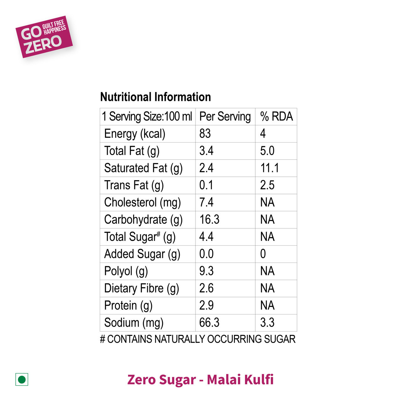 Go Zero Malai Kulfi Low Calorie Guilt Free Ice Cream Cup