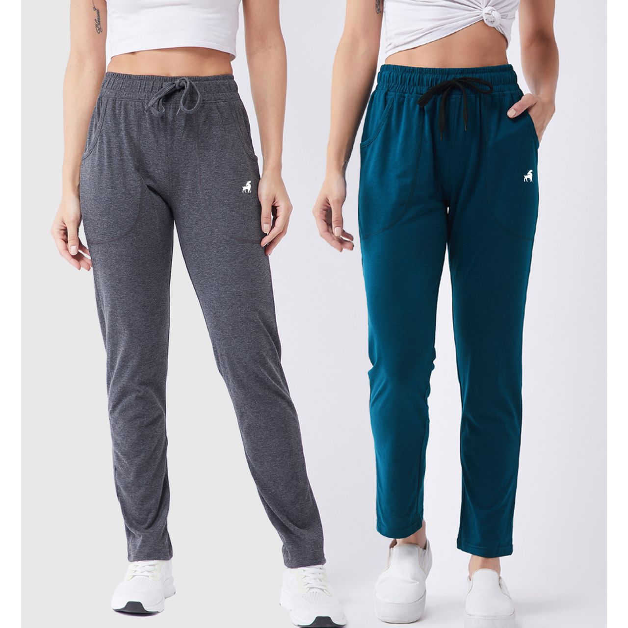 Modeve Women's Cotton Blend Solid Track Pant for Summer | Grey and Teal | L