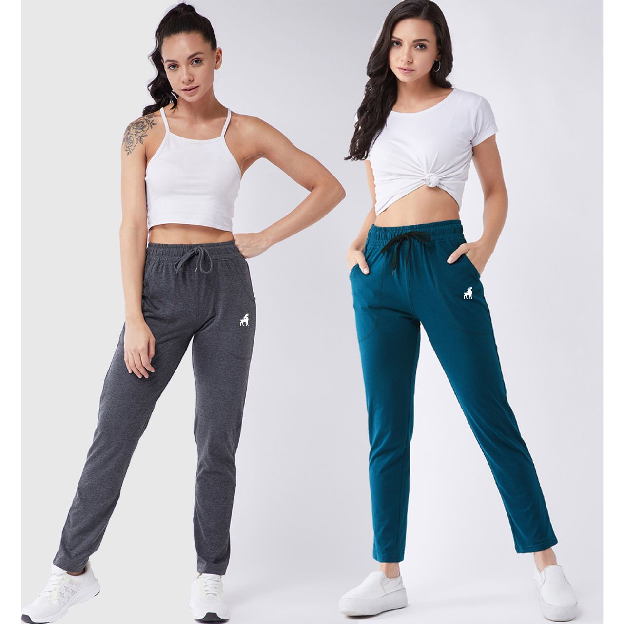 Modeve Women's Cotton Blend Solid Track Pant for Summer | Grey and Teal | L