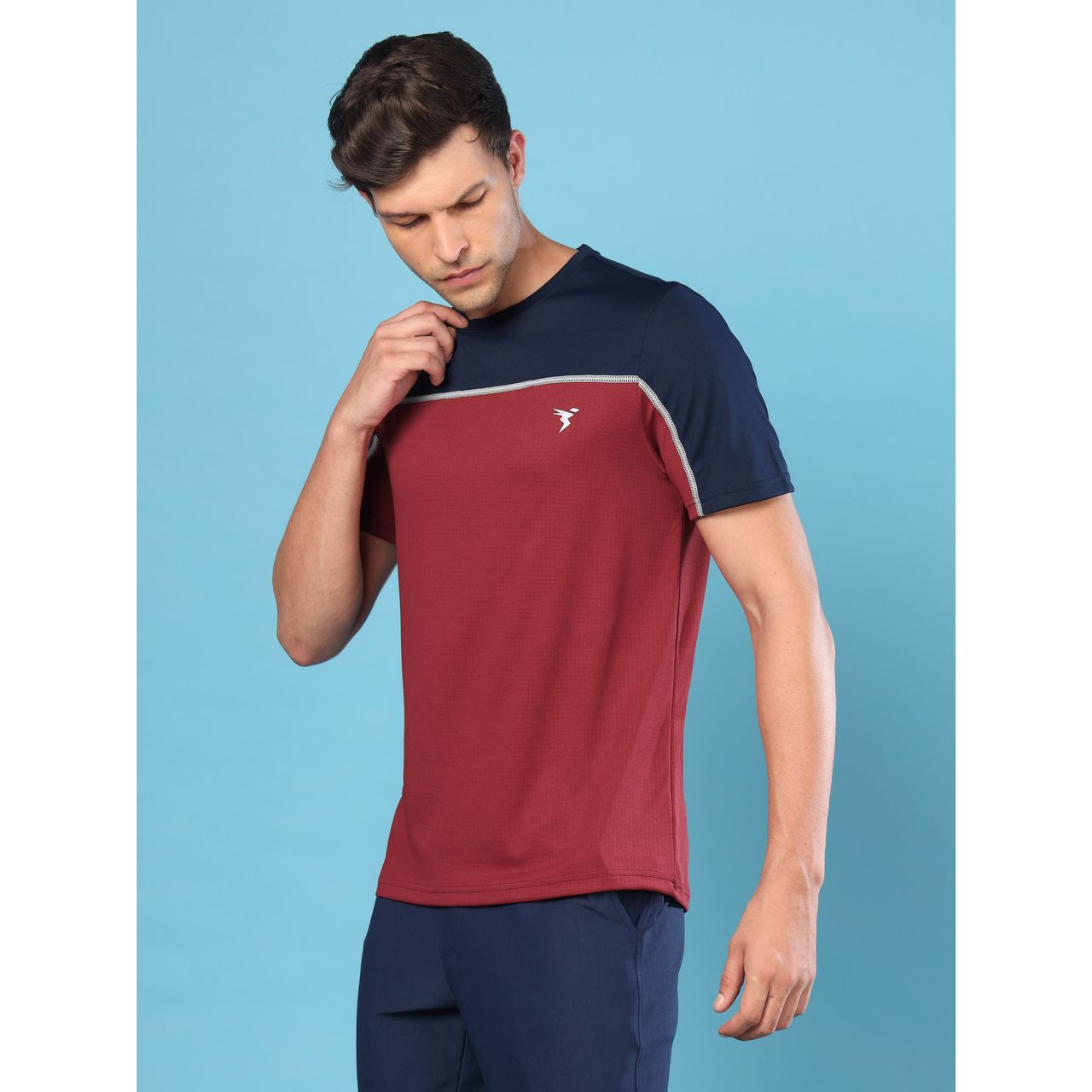 Technosport Men's Poly Colorblock Slim Fit Round Neck T-shirt | Berry Red - M