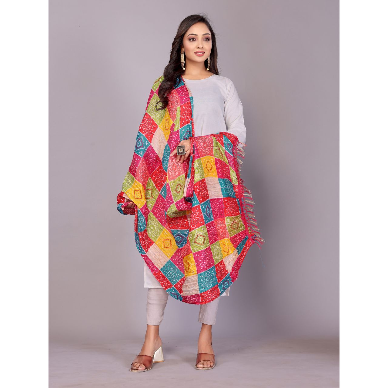 Fabflick Chinon Crush Printed Multicolor Tassel Embellished Women's Dupatta | CHNCR-002