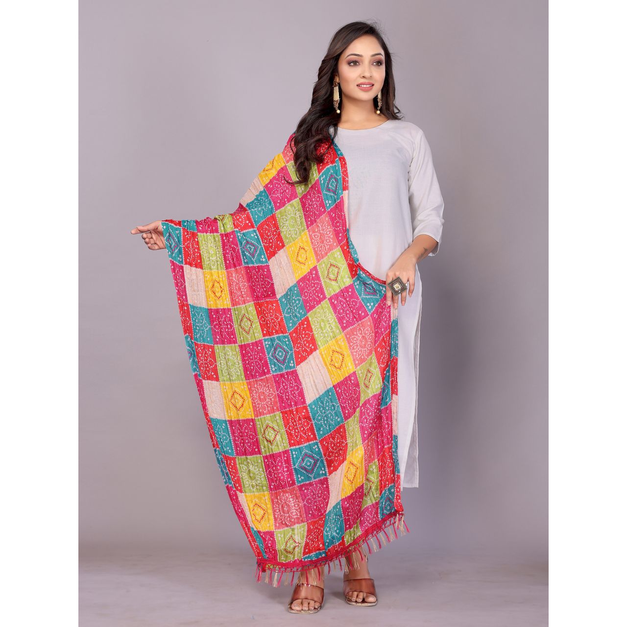 Fabflick Chinon Crush Printed Multicolor Tassel Embellished Women's Dupatta | CHNCR-002