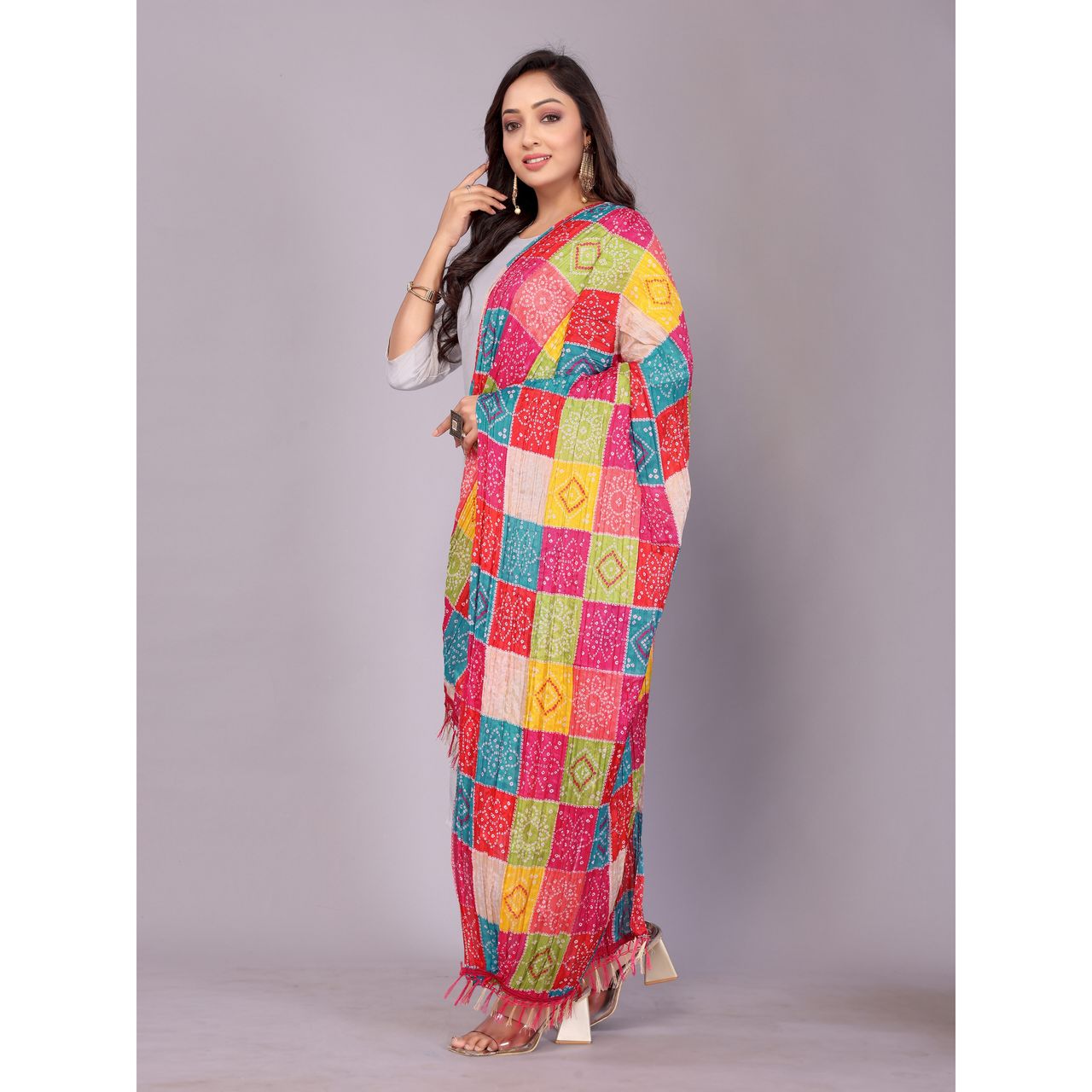 Fabflick Chinon Crush Printed Multicolor Tassel Embellished Women's Dupatta | CHNCR-002