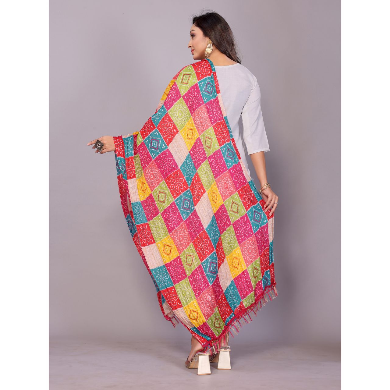 Fabflick Chinon Crush Printed Multicolor Tassel Embellished Women's Dupatta | CHNCR-002