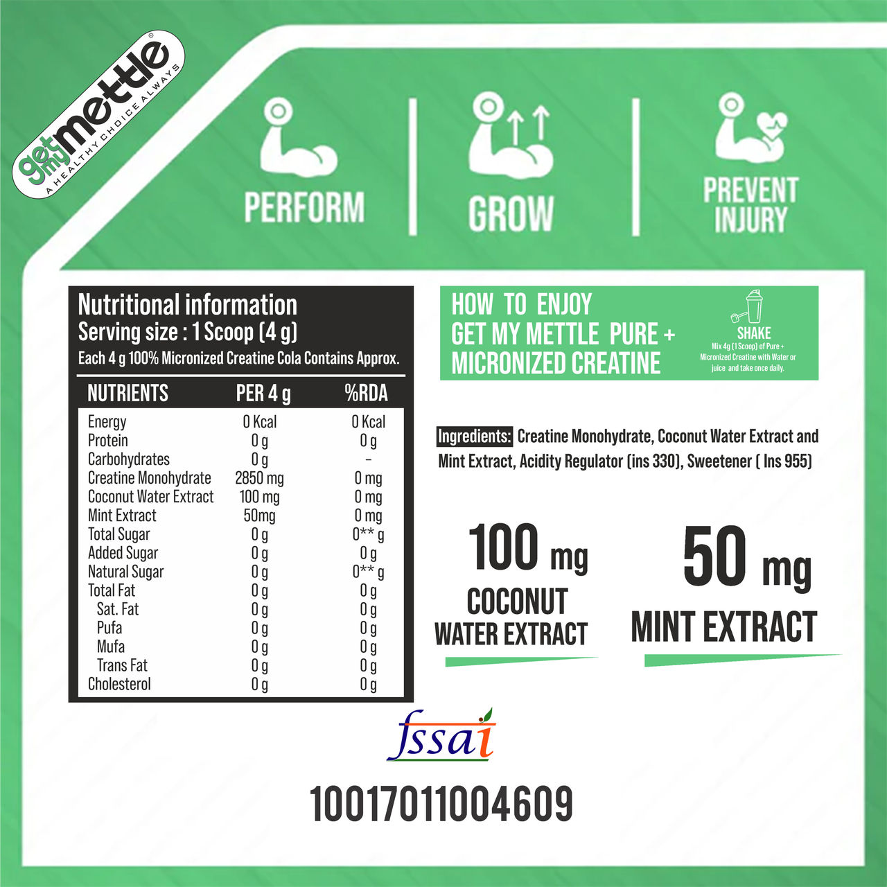 Getmymettle Pure+ Micronized Creatine With Mint & Coconut Water Extract Creatine (Cola)