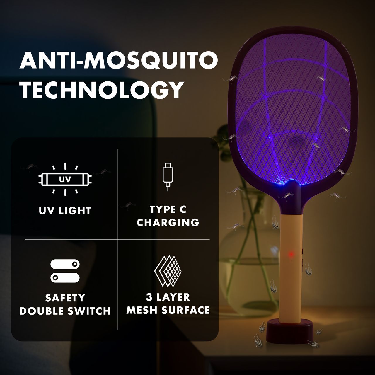 Killato Weird Wolf 2 In 1 Uv Light Mosquito Bat Racket Usb Type-C Charging, (Yellow-Black)