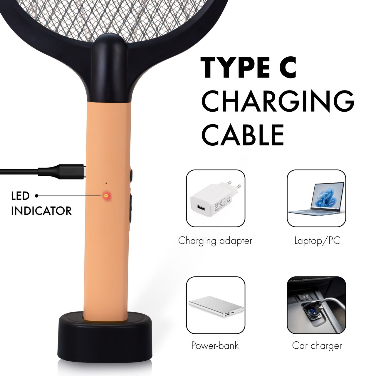 Killato Weird Wolf 2 In 1 Uv Light Mosquito Bat Racket Usb Type-C Charging, (Peach-Black)