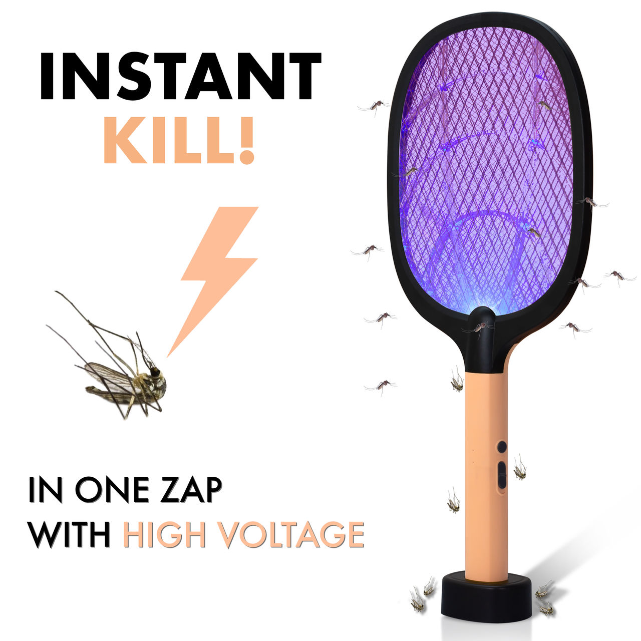 Killato Weird Wolf 2 In 1 Uv Light Mosquito Bat Racket Usb Type-C Charging, (Peach-Black)