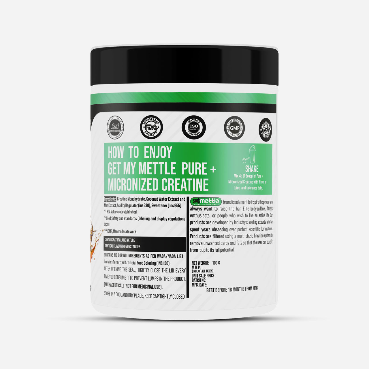 Getmymettle Pure+ Micronized Creatine With Mint & Coconut Water Extract Creatine (Cola)