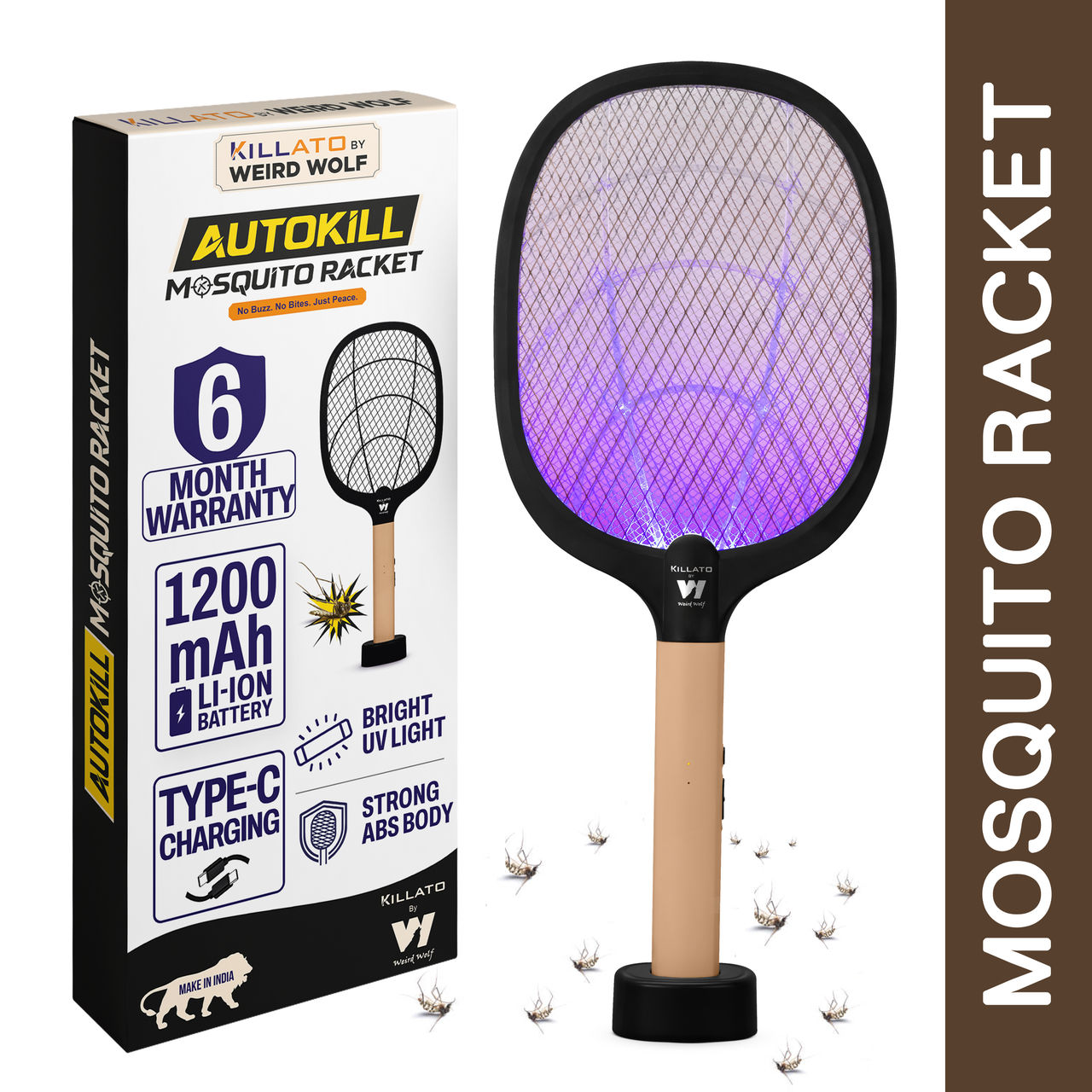 Killato Weird Wolf 2 In 1 Uv Light Mosquito Bat Racket Usb Type-C Charging, (Peach-Black)