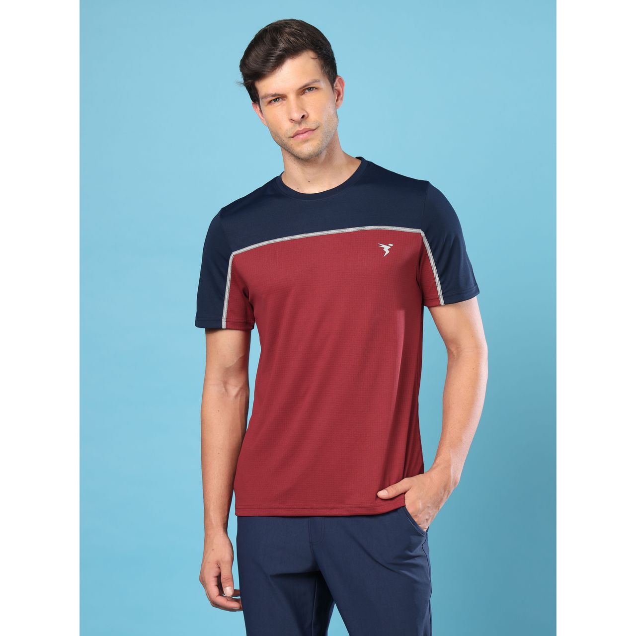 Technosport Men's Poly Colorblock Slim Fit Round Neck T-shirt | Berry Red - M